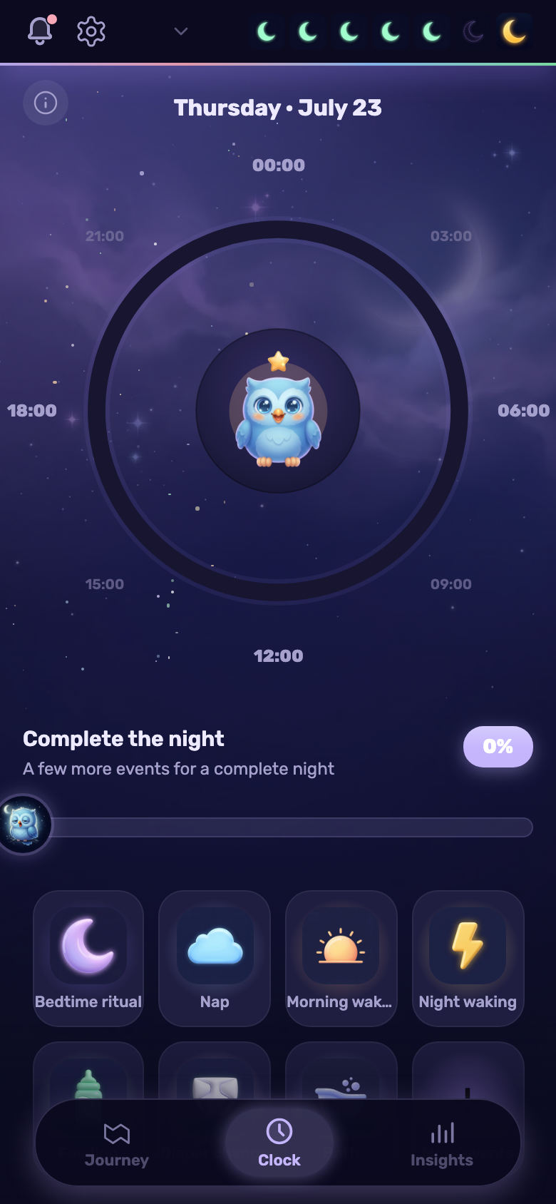 The night clock screen in the parent app